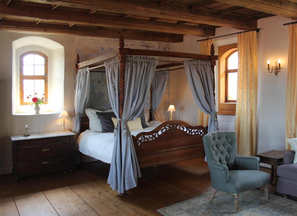 梅森Domherrenhaus Meissen的一间卧室配有一张天蓬床和一把椅子