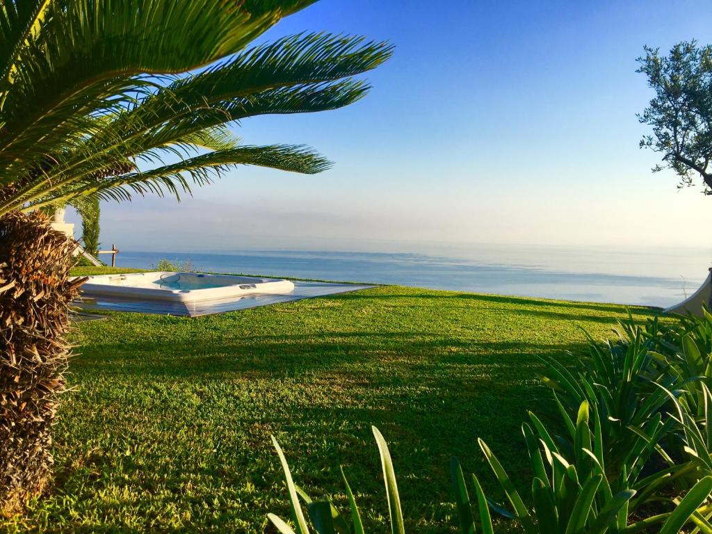 伊斯基亚Agapanto Luxury Accommodation的棕榈树别墅和游泳池