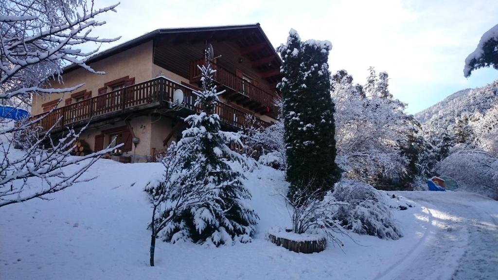 Enchastrayeschambre les ormes的雪中的房子,有圣诞树