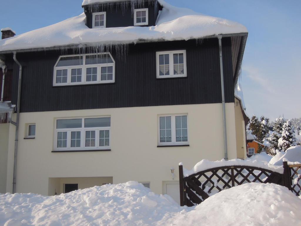 克林根塔尔Am Dürrenbachtal的一座漆上雪的黑屋顶的房子