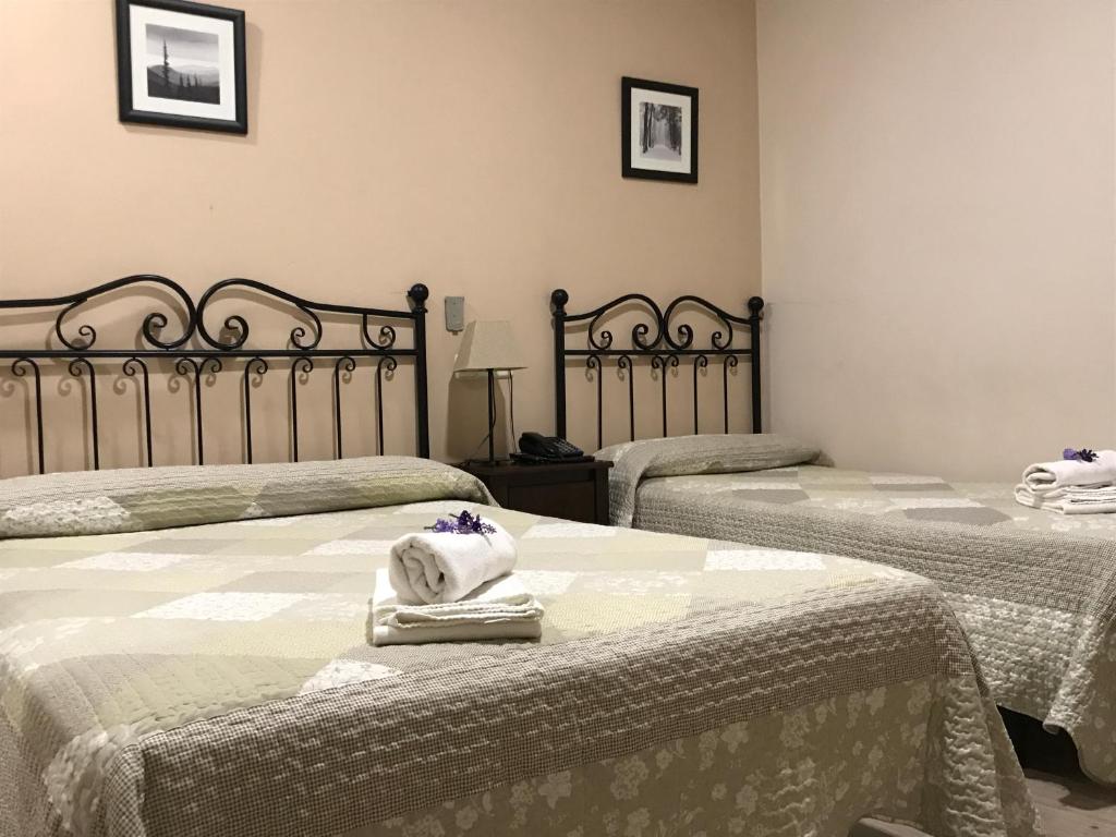 马德里埃尔皮拉尔旅馆的一间卧室配有两张带毛巾的床