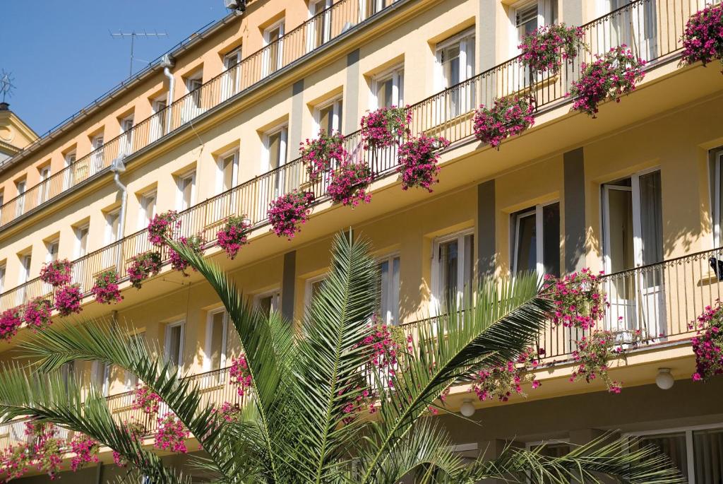 耶莱尼亚古拉多木佐德罗索易酒店的一座在阳台上装有粉红色花卉的建筑