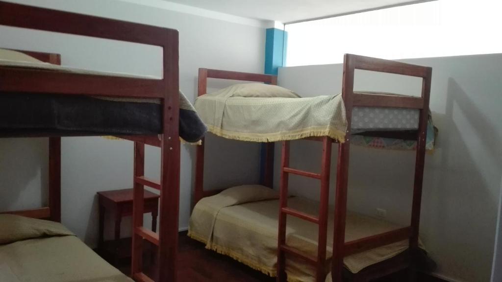 普诺Hostel Puno Backpackers的带窗户的客房内的两张双层床