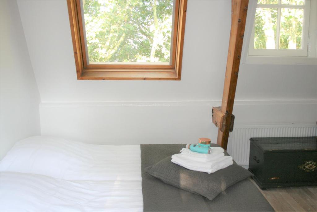 登博斯De Kardinaal的客房设有窗户和带毛巾的桌子。