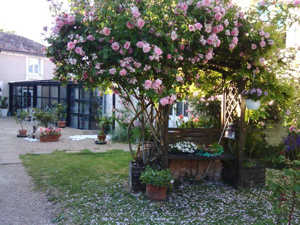 Chabournayla Rosaliere的花园,花园内有一棵树,有粉红色的玫瑰