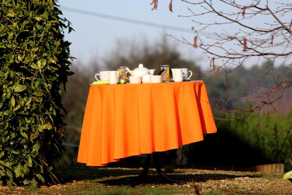 Saint-Avit-RivièreChez Annie的橙色桌子上装有杯子和杯子