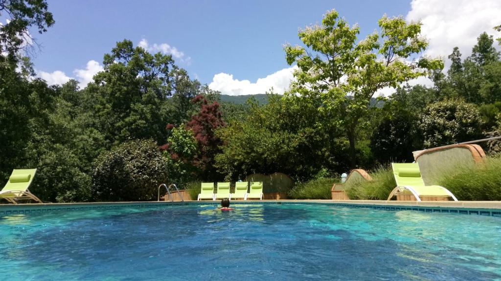 坎德莱达卡米诺乡村酒店的一个带椅子的游泳池,水中有人