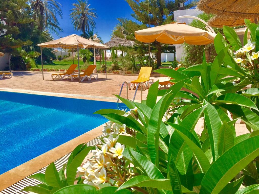 迈来亚Hotel Djerba Orient的毗邻度假酒店的带椅子和遮阳伞的游泳池