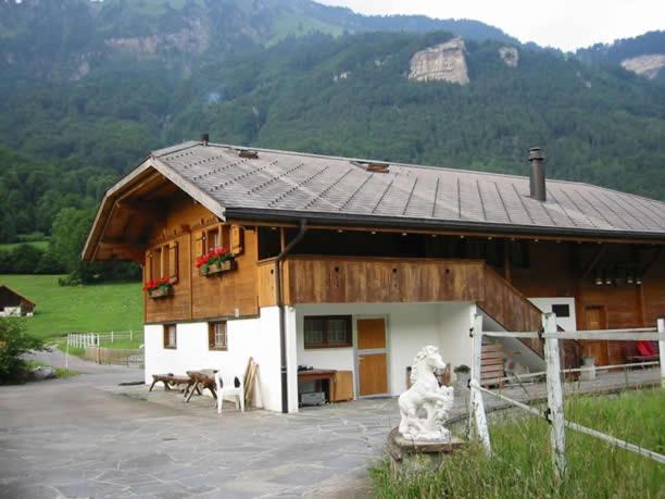 BrienzwilerEichhof Brienzwiler Berner Oberland的房屋前方设有桌椅