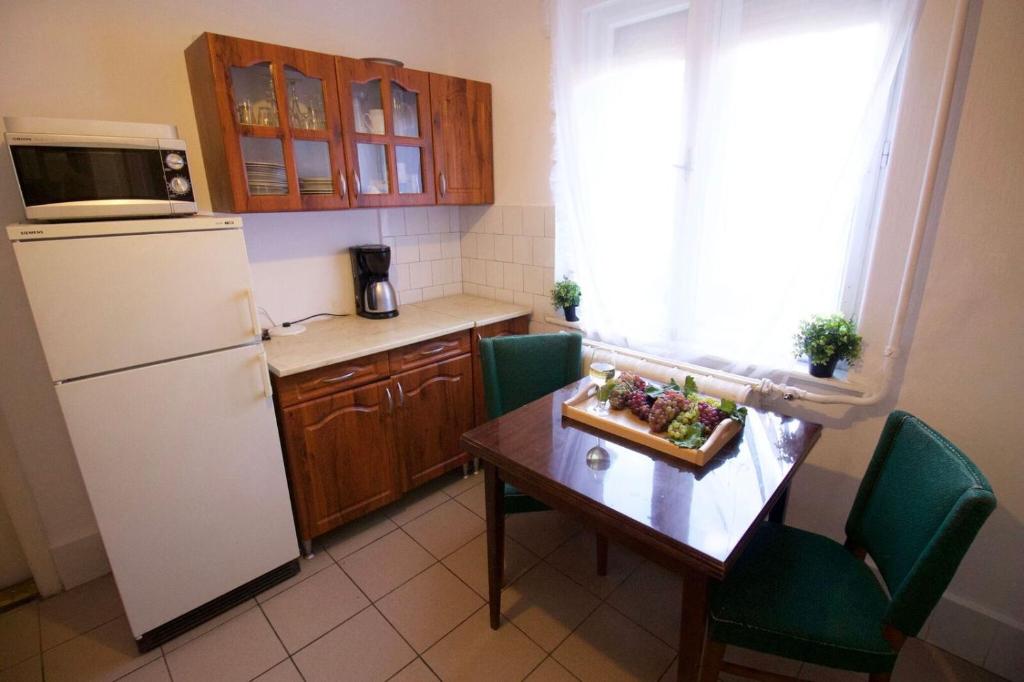 陶波尔曹Malomtavi Vendégház的一间带桌子和冰箱的小厨房