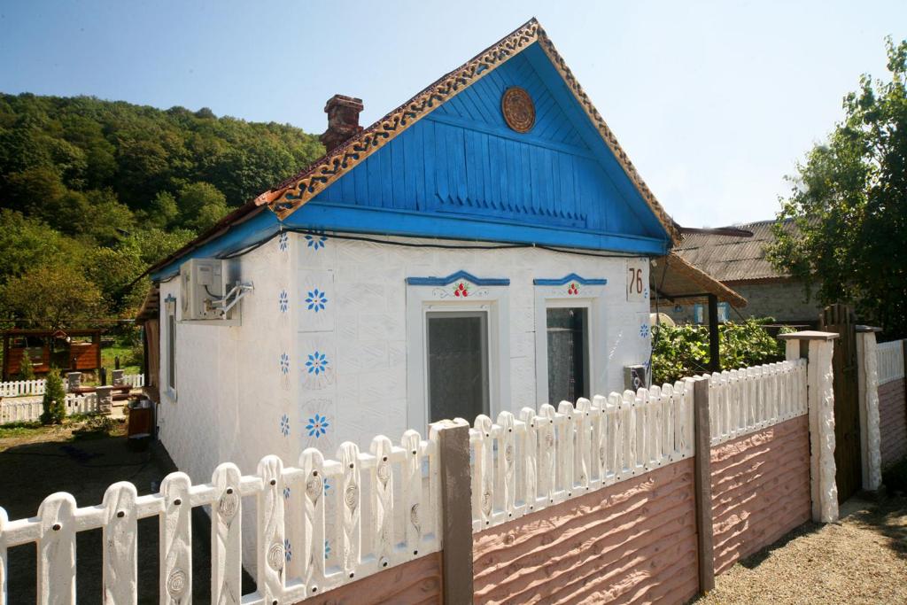 图利斯基На опушке的 ⁇ 后面有蓝色屋顶的小白色房子