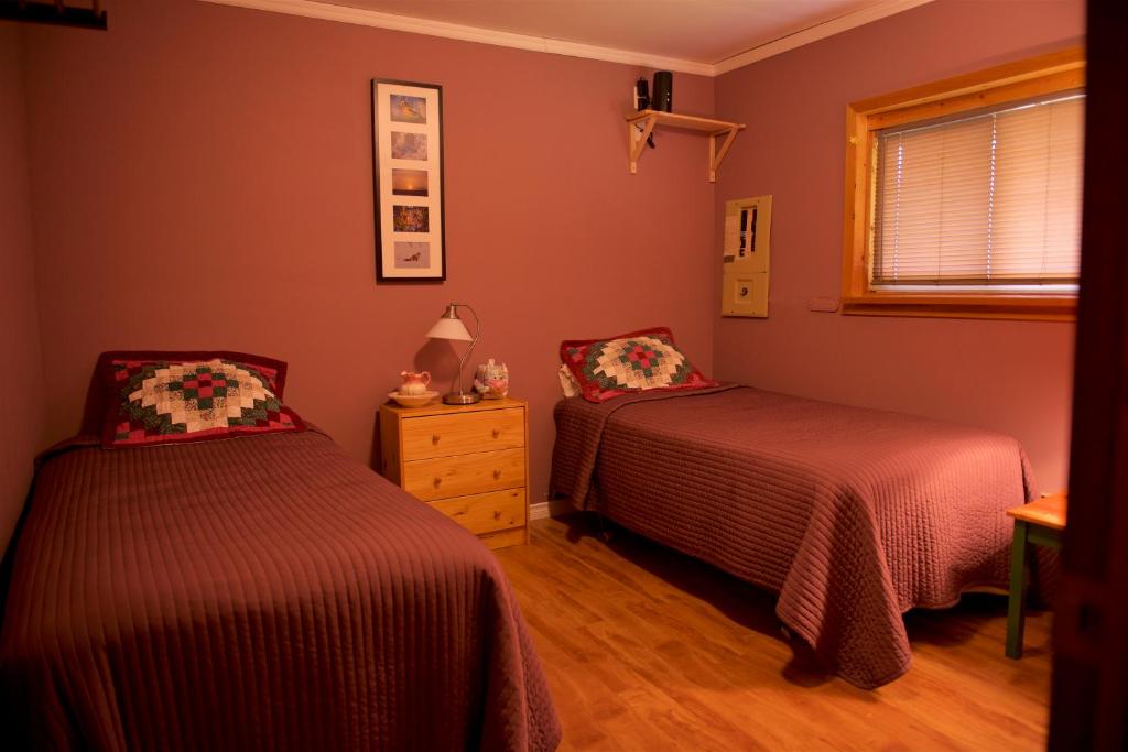 Snow LakeBluenose Bed & Breakfast的一间卧室设有两张床和窗户。