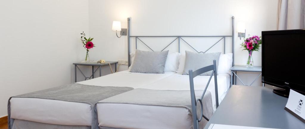 托莱多托莱多帝国酒店的一间卧室配有一张床和一张书桌及电视