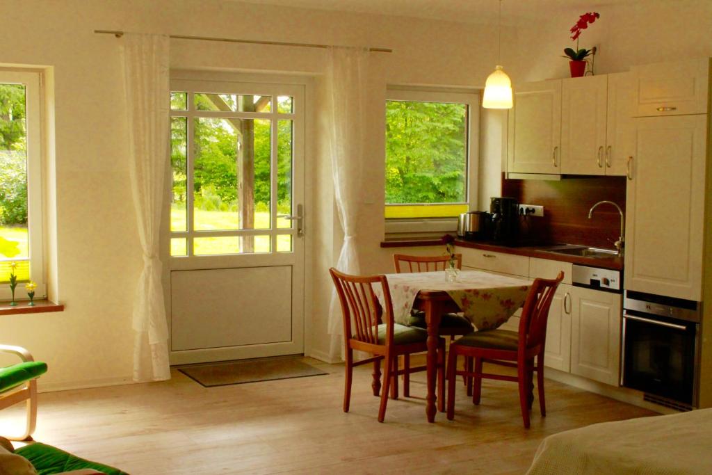 SüderhöftFerienwohnung Vogelsang的厨房配有桌椅和窗户。