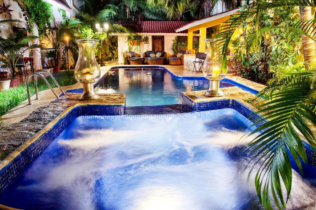 科苏梅尔Hacienda Boutique B&B and Spa Solo Adultos的棕榈树庭院中的游泳池