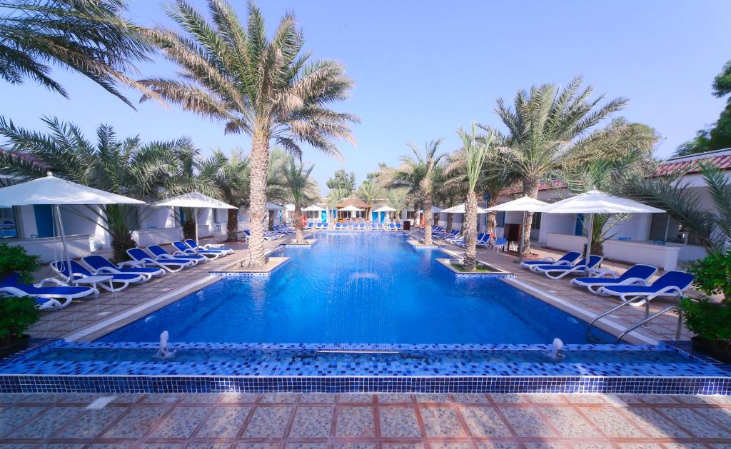 富查伊拉Fujairah Hotel & Resort的一个带椅子和棕榈树的度假村游泳池