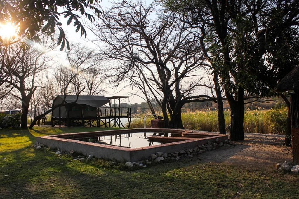 龙杜Camp Hogo Kavango的公园内一个带凉亭的小池塘