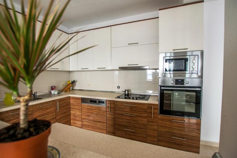 斯塔利格拉德-帕克利尼卡Apartment Andjela的厨房配有白色橱柜和盆栽植物