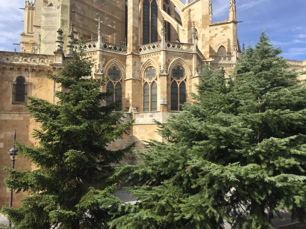 莱昂Suites La Catedral的教堂前两棵松树