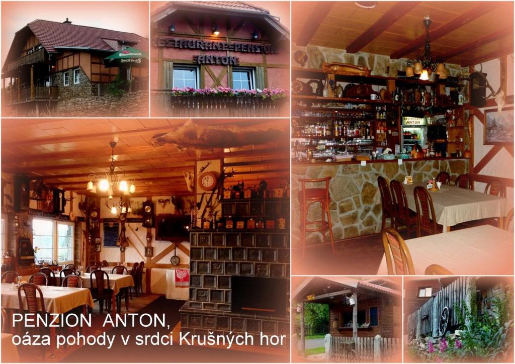 亚希莫夫Restaurant Pension-Anton的餐厅和酒吧的照片拼合在一起