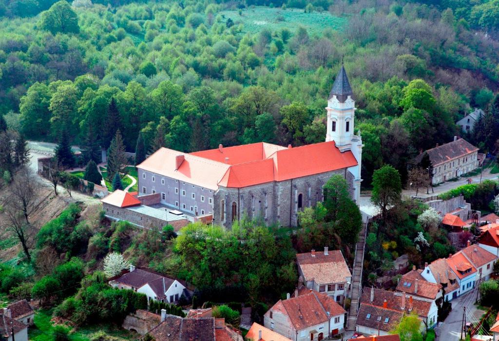 索普隆Sopron Monastery Hotel的享有教堂大建筑的空中景致