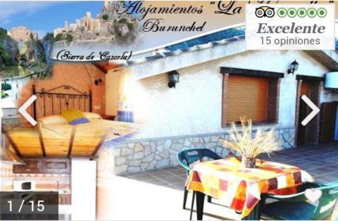 布伦切尔Alojamientos Rurales La Higuerilla Sierra de Cazorla的一张带桌子和床的房子的海报