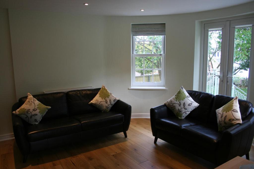 尚克林Highlands Apartment 2的客厅配有两张真皮沙发和两扇窗户