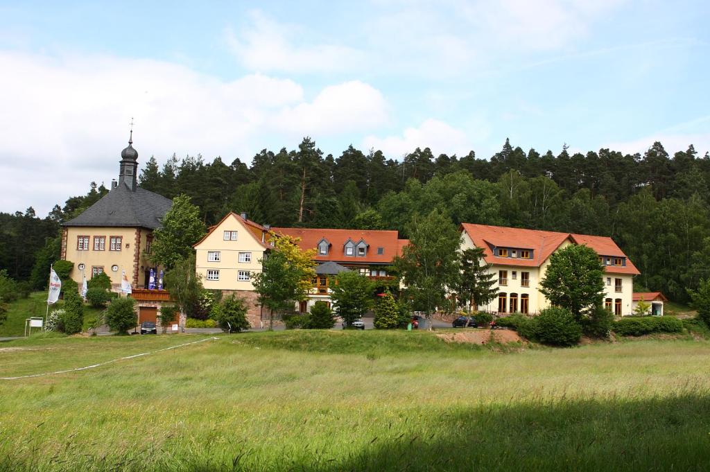 GroßenlüderJagdhof Klein Heilig Kreuz的一群树木茂密的草地上的房屋