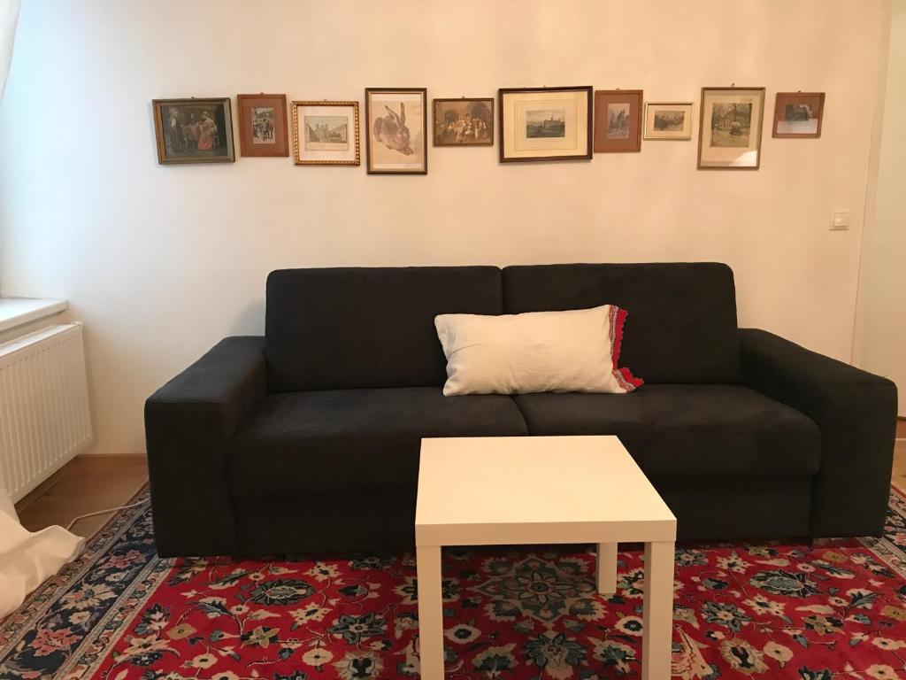 维也纳毕蔓仁塔尔1号公寓 的客厅配有一张黑色沙发,设有一张桌子