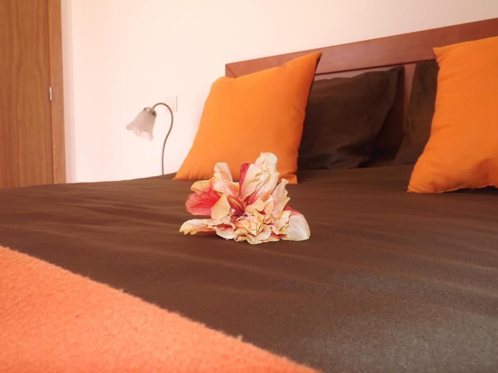 丰沙尔Maison de l' Épicier的花铺在床上,床上有橙色的床单