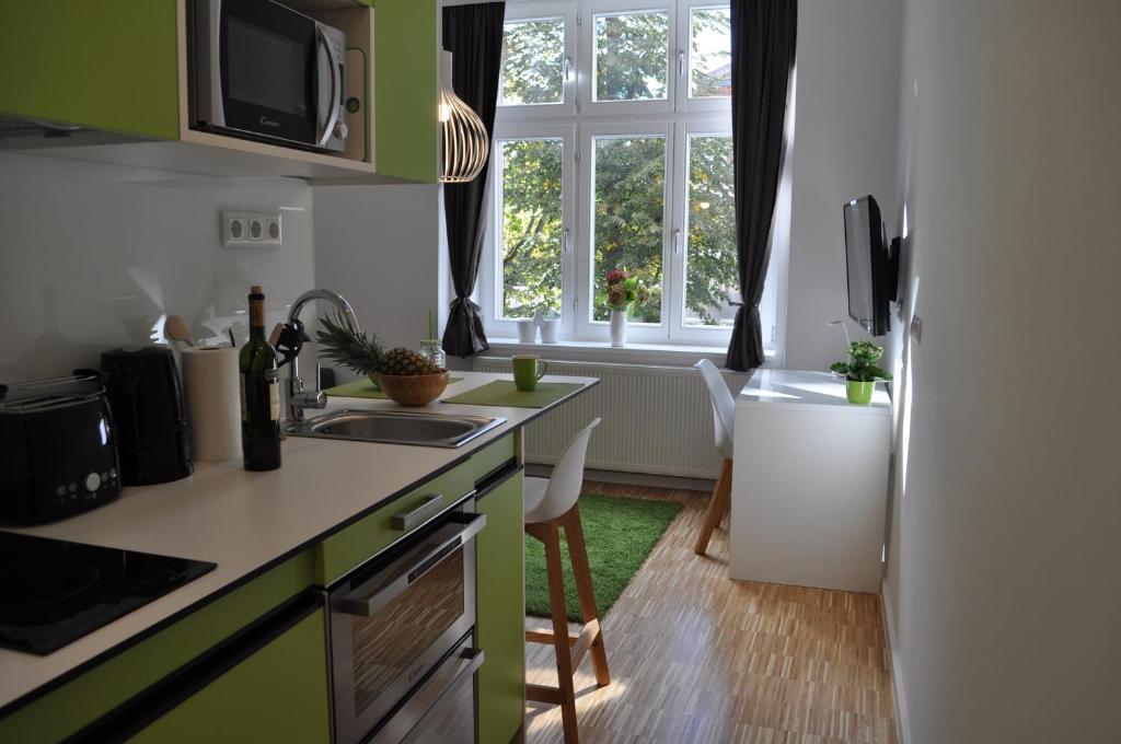 萨格勒布城市风格公寓的厨房配有水槽和台面