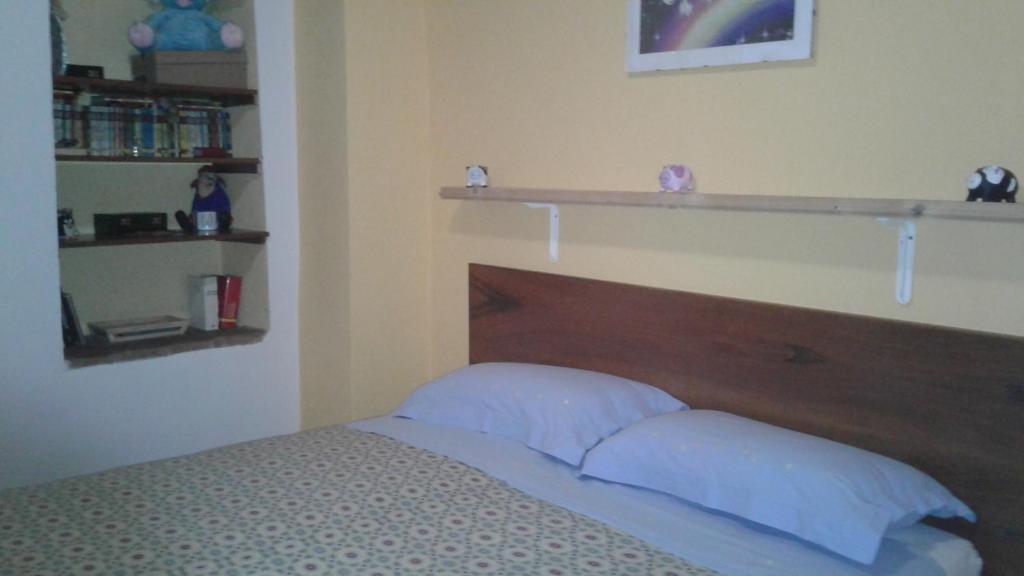 乌尔巴尼亚卢兹公寓 的一间卧室配有一张带木制床头板和架子的床。