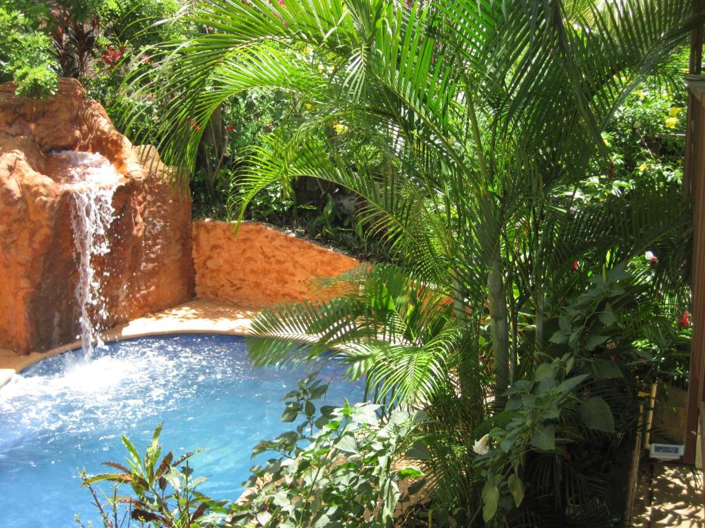 桑迪湾Roatan Backpackers' Hostel的花园内带瀑布的游泳池