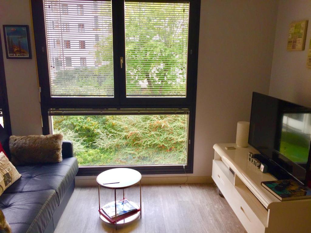 安锡阿讷西都市风情一室公寓的带沙发和大窗户的客厅