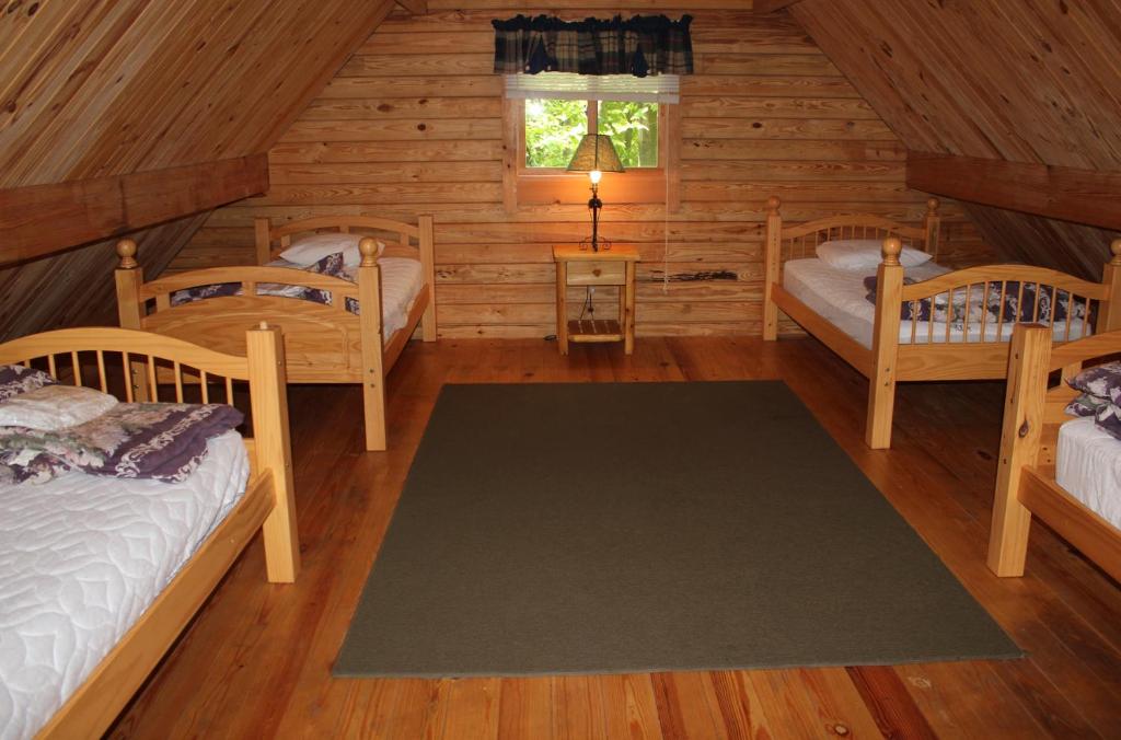 ShartlesvilleAppalachian Camping Resort Log Home 6的小木屋内带两张床的房间