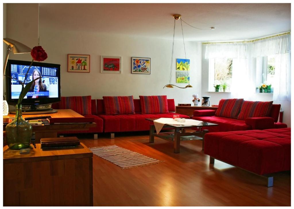 卡佩尔-格拉芬豪森Lissi Apartment nur 5 Min vom Europa Park und direkt am Naturschutzgebiet的客厅配有红色沙发和电视