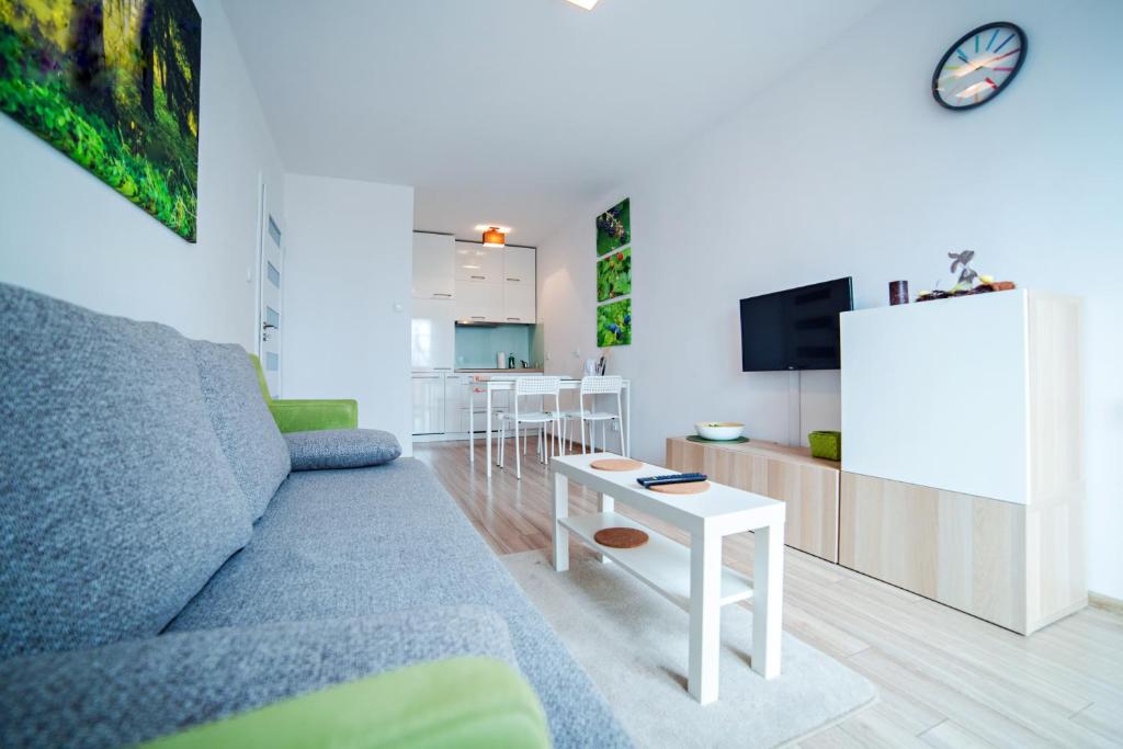 卡尔帕奇Apartament Mięta的客厅配有沙发和桌子