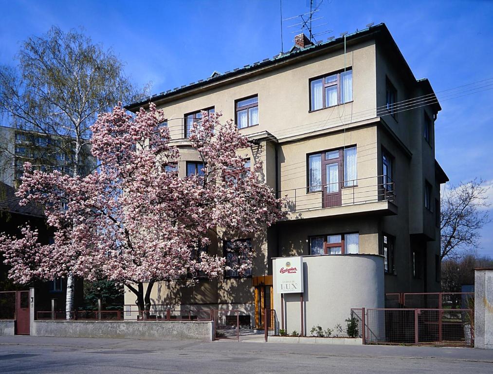 捷克布杰约维采拉克斯酒店的前面有一棵开花的树