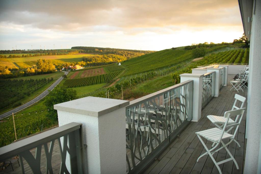 弗隆海姆Winzerhotel Trautwein的阳台配有椅子,享有葡萄园的景色