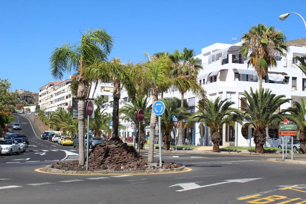 洛斯克里斯蒂亚诺斯Apartamentos Funchal的一条种有棕榈树和街道标志的城市街道