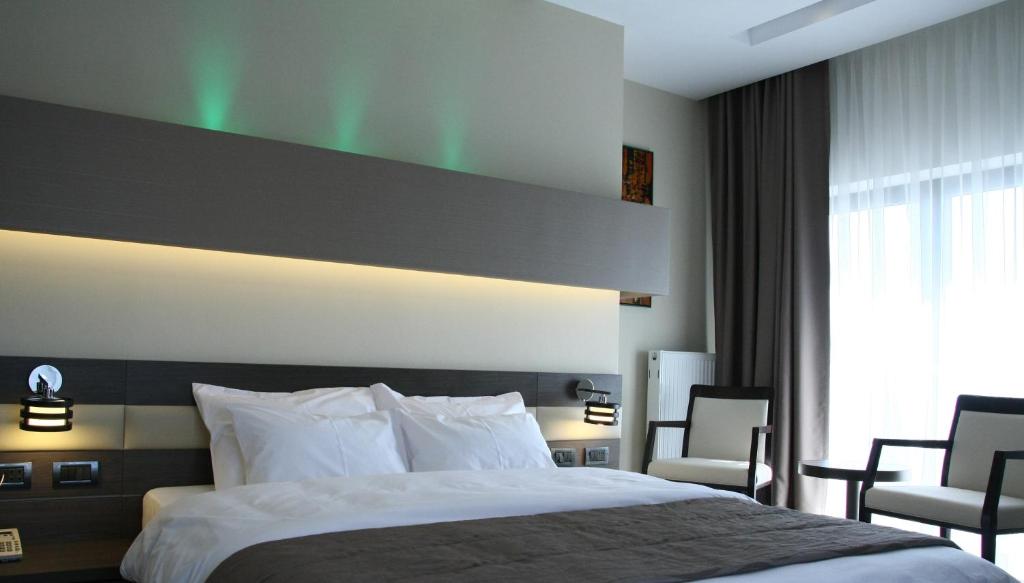 马马亚斯卡皮诺酒店的酒店客房,配有一张床和两把椅子