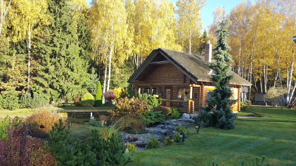 希奥利艾Sveciu namelis的庭院内带池塘的小木屋