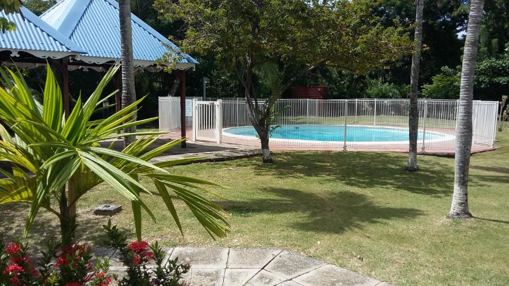 圣安娜多巴哥一室公寓的一座带树木和围栏的庭院内的游泳池