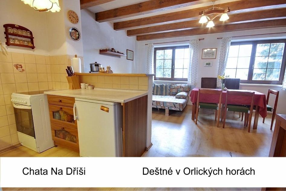 德尔内夫奥里克Chata Na Dříši的厨房、带桌子的用餐室和用餐室