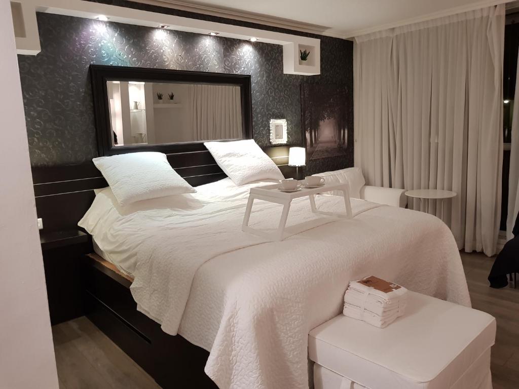 荷兹利亚Cosy Studio in a Luxury Hotel的一间卧室配有一张大床和大镜子