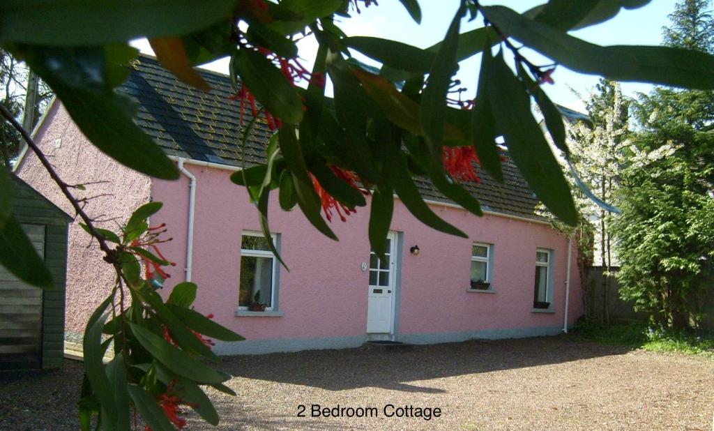 贝尔法斯特Hallmount Cottage - Belfast的粉红色的房子,有白色的门