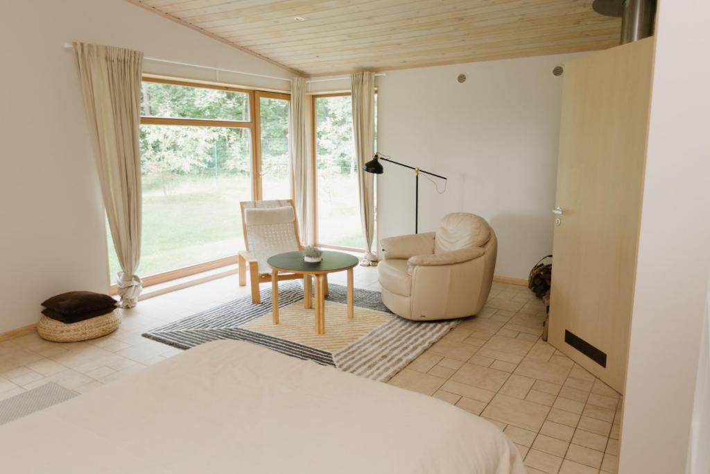 里加Buļļi的一间卧室配有一张床、一把椅子和一张桌子