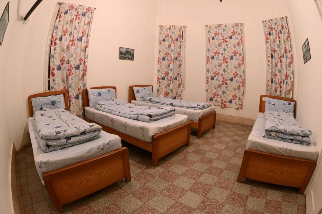 卜舍里包豪斯汽车旅馆 的一间设有四张床的客房,配有窗帘