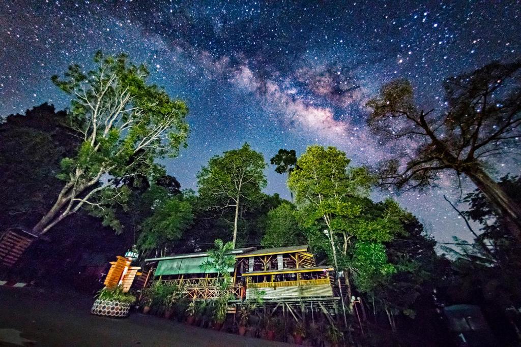 甘榜布提尔婆罗洲热带雨林度假村的星空下,挤满奶油的房屋