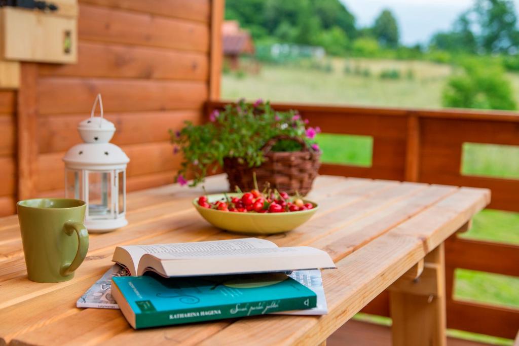 拉德库夫DOMKI Kolonia Leśna z sauną的桌子上放着一本书和一碗草莓
